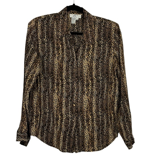 Vintage Fy2 Petite 100% Silk Blouse Button Down Leopard Print Padded Shoulders - Picture 1 of 8